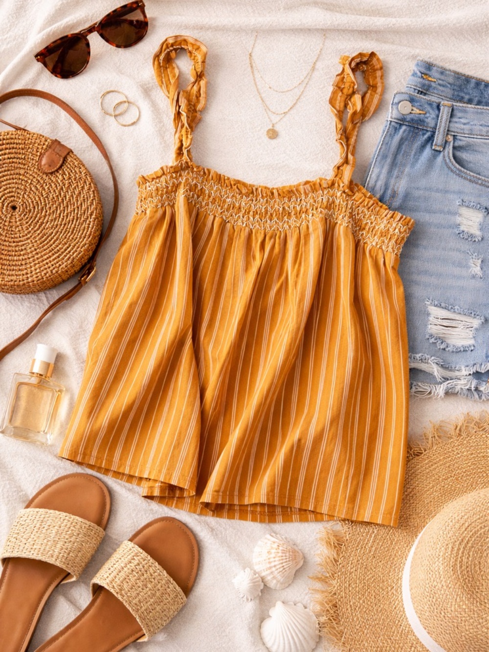 Banana Republic Mustard Stripe Smocked Tank Top | Ruffle Strap Summer Blouse | M